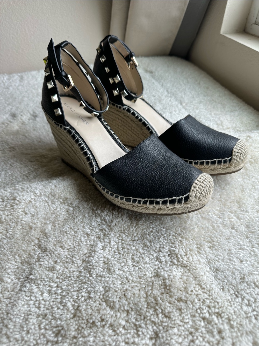 Marc Fisher Black Studded Espadrille Wedge Sandals